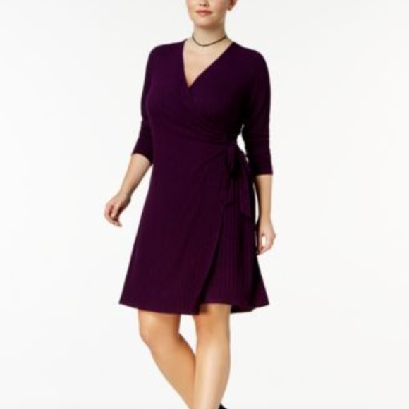 NY Collection Purple Ribbed Wrap Dress - Picture 1 of 5